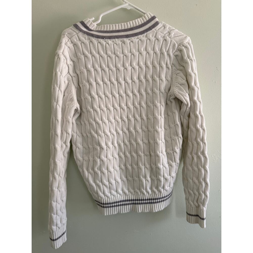 Preppy Cable Knit Gray Accents Old Money V-Neck Sweater 100% Cotton Folklore - Picture 6 of 8
